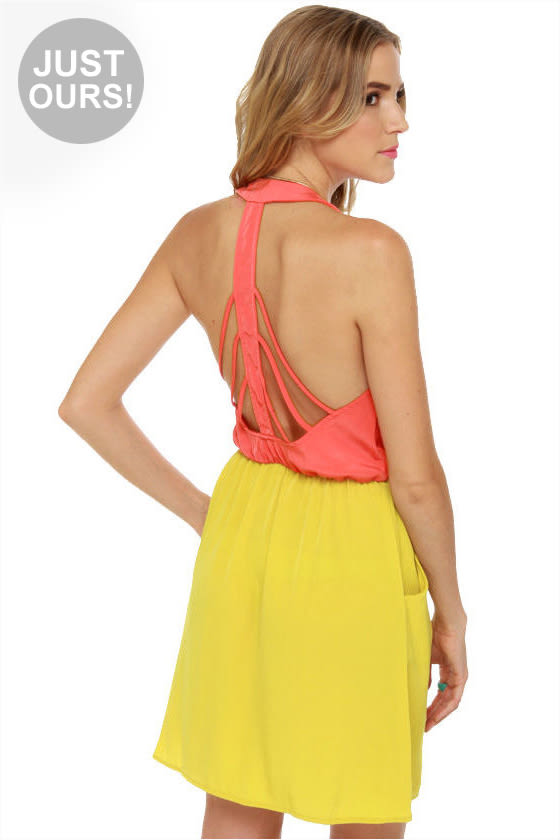 LULUS Exclusive Back Beauty Coral and Chartreuse Dress